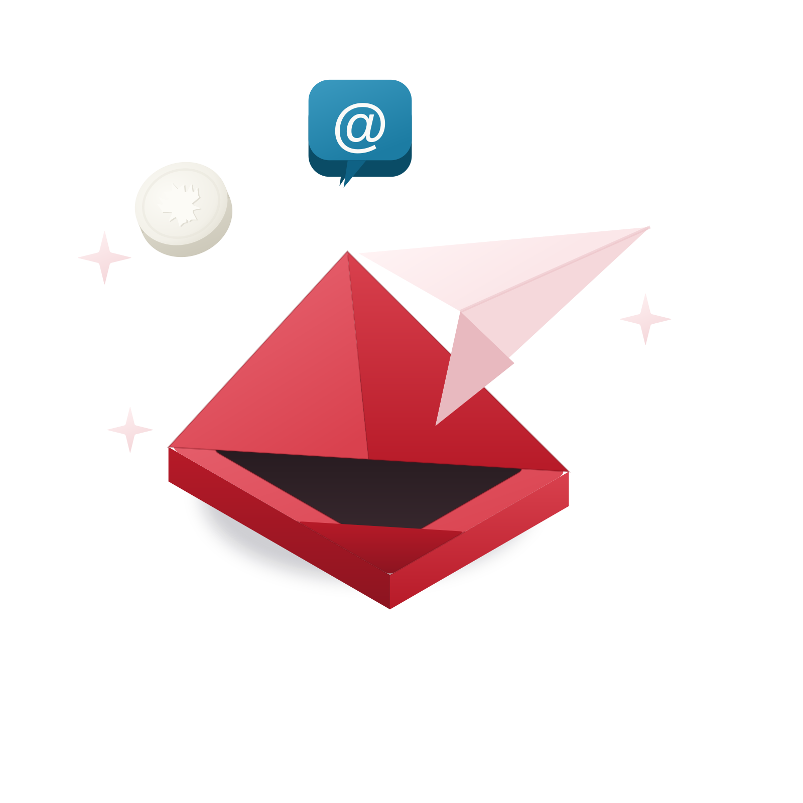 Isometric 3D illustration: an open envelope with a lake-blue paper plane and a maple speech chip